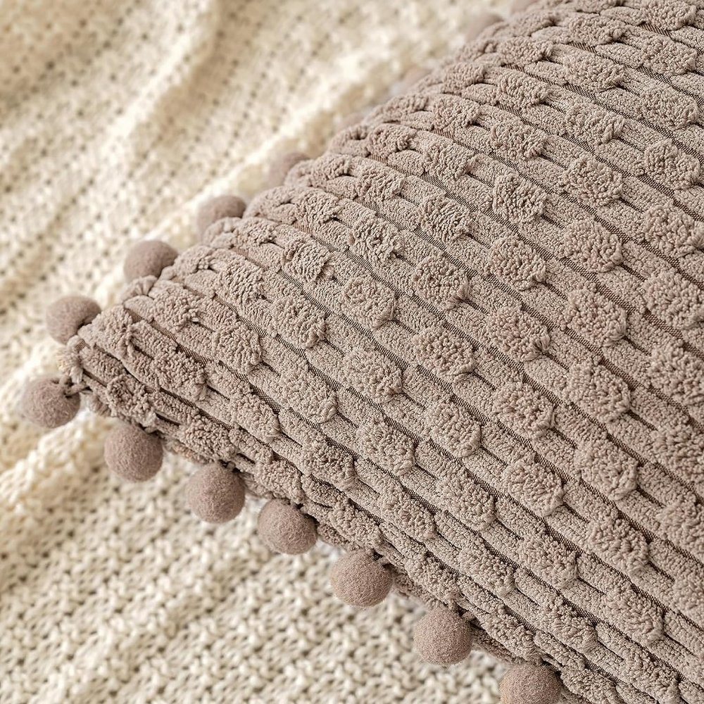 Pompom Tan Stripe Texture Corduroy Farmhouse Cute Luxury Soft Pillow Cover Set - Picture 3 of 7